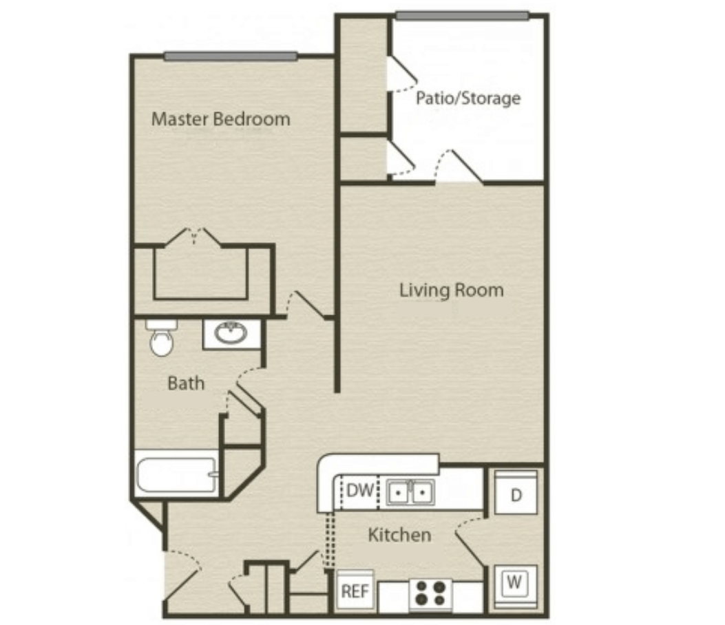 Floor plan for 1 bed, 1 bath, 696 sqft